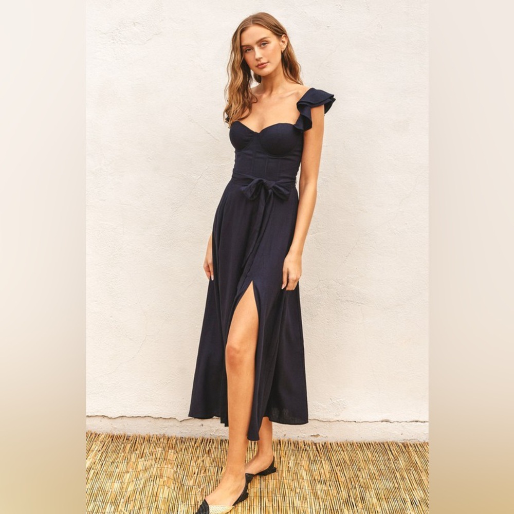 Navy One-Shoulder Ruffle Midi Dress with Front Slit
